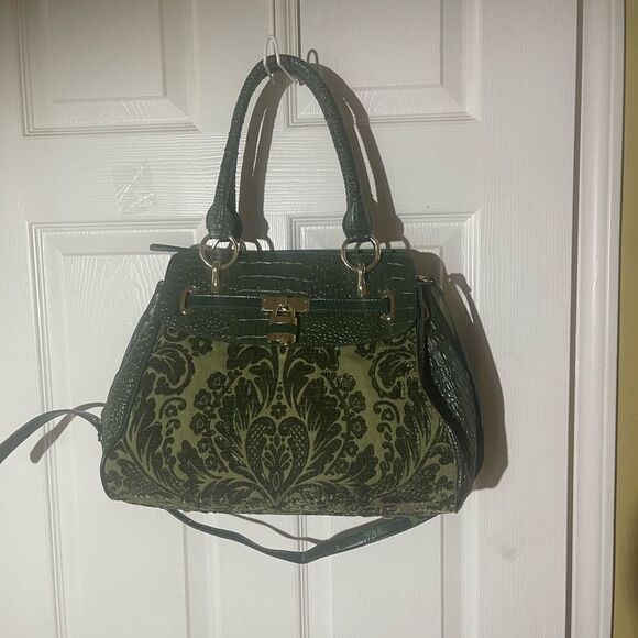 Sharif synthetic croc prints and tapestry olive green satchel/shoulder bag . - Picture 5 of 16